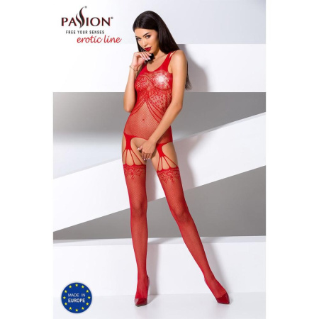 Бодистокинг Passion BS070 red, комбинезон, имитация чулок и ажурного топа || 