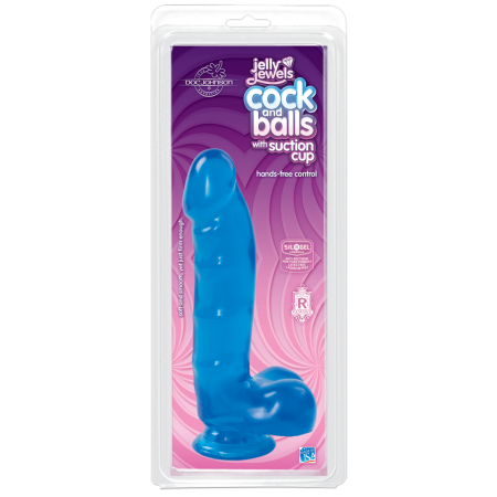 Фаллоимитатор Doc Johnson Jelly Jewels Cock & Balls Blue, диаметр 3,6см, антибактериальный ПВХ || 