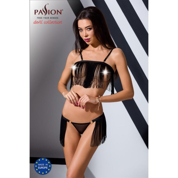 Комплект белья KASSANDRA SET OpenBra black L/XL - Passion Exclusive: лиф из бахромы, трусики-юбка