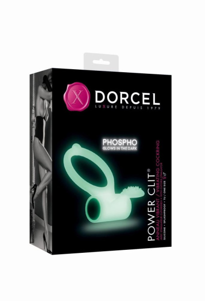 Эрекционное кольцо Dorcel Power Clit White PHOSPHO с вибрацией, белое, светится в темноте