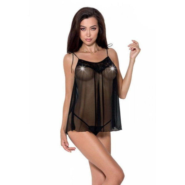 Сорочка прозрачная беби долл MELANIA CHEMISE black S/M - Passion, трусики, на тонких бретелях