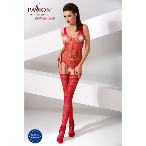 Бодистокинг Passion BS051 red, комбинезон, имитация чулок и боди