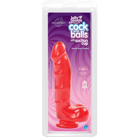 Фаллоимитатор Doc Johnson Jelly Jewels Cock & Balls Red, диаметр 3,6см, антибактериальный ПВХ || 