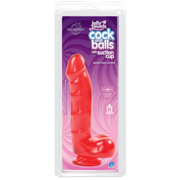 Фаллоимитатор Doc Johnson Jelly Jewels Cock & Balls Red, диаметр 3,6см, антибактериальный ПВХ